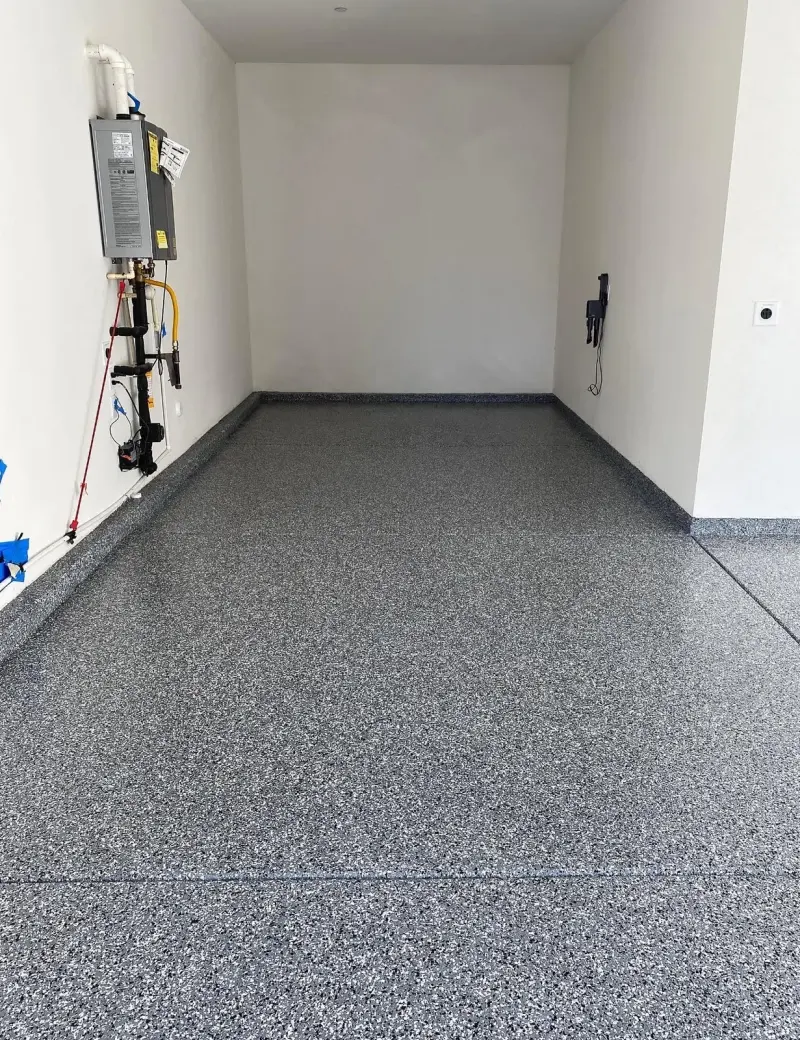 Finished flake epoxy garage floor after